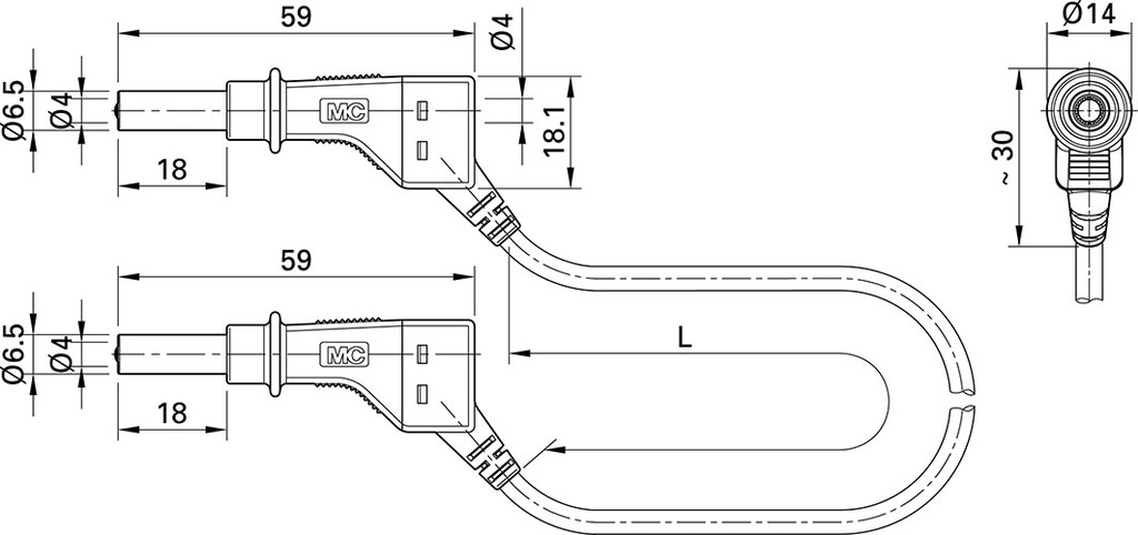 Test lead; 19A; banana plug 4mm,both sides; Len: 1m; blue