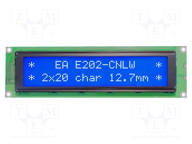 Display: LCD; alphanumeric; STN Negative; 20x2; blue; 190x54mm; LED