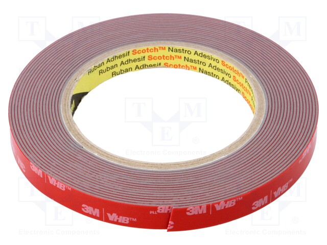 Tape: fixing; W: 12mm; L: 5.5m; Thk: 1.1mm; acrylic; grey; Tmax: 121°C