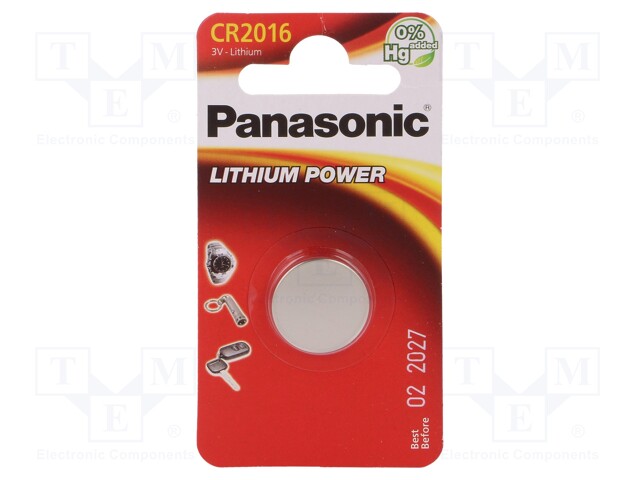 Battery: lithium; 3V; CR2016,coin; Batt.no: 1; Ø20x1.6mm