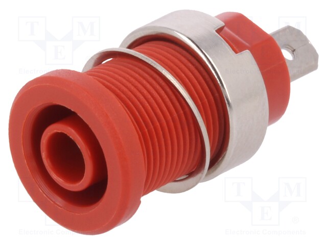 Socket; 4mm banana; 24A; red; nickel plated; screw,on panel; 33mm