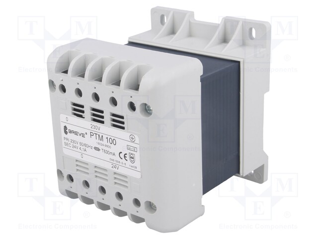 Transformer: mains; 100VA; 230VAC; 24V; Leads: terminal block; IP21