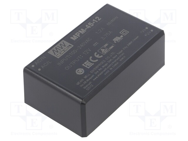Power supply: switched-mode; modular; 45W; 12VDC; 87x52x29.5mm