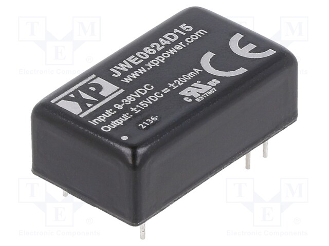 Isolated Board Mount DC/DC Converter, ITE, 2 Output, 6 W, 15 V, 200 mA, -15 V