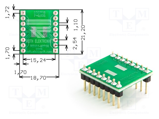 IC Adapter, PCB, 16-SSOP, 15.24 mm Row Pitch, 2.54 mm Spacing