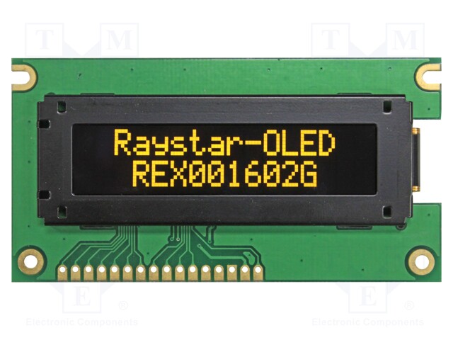 Display: OLED; alphanumeric; 16x2; Dim: 84x44x9.67mm; yellow