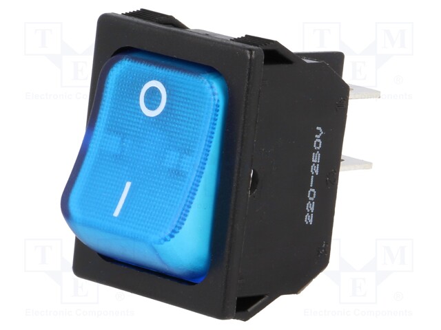 ROCKER; DPST; Pos: 2; OFF-ON; 10A/250VAC; blue; neon lamp 250V; 50mΩ