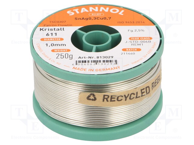 Soldering wire; Sn99Cu0,7Ag0,3; 1mm; 250g; lead free; 2.5%