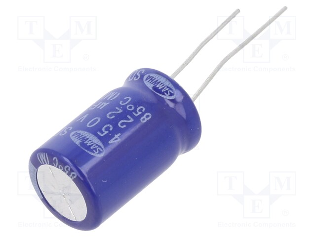 Capacitor: electrolytic; THT; 22uF; 450VDC; Ø12.5x20mm; ±20%; 2000h