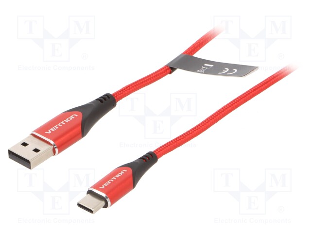 Cable; USB 2.0; USB A plug,USB C plug; nickel plated; 1.5m; red