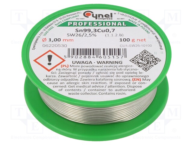 Soldering wire; Sn99,3Cu0,7; 1mm; 100g; lead free; Package: reel