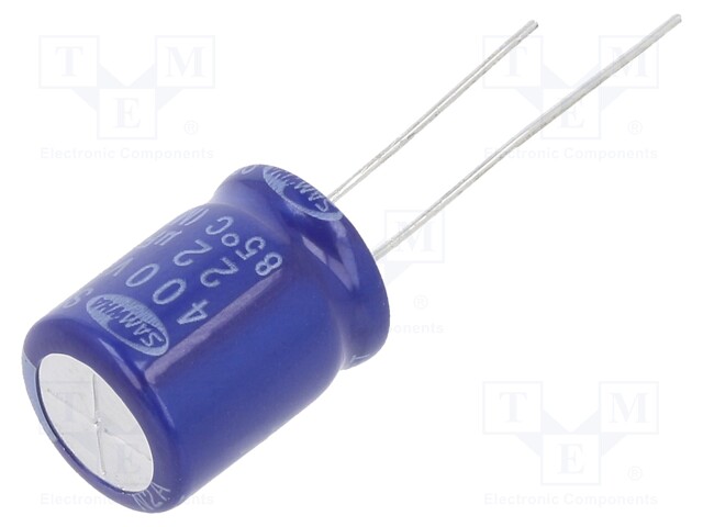 Capacitor: electrolytic; THT; 22uF; 400VDC; Ø12.5x16mm; ±20%; 2000h