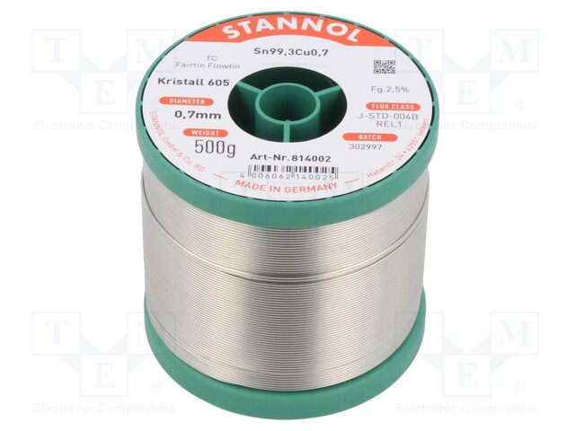 Soldering wire; Sn99,3Cu0,7; 0.7mm; 500g; lead free; reel; 2.5%