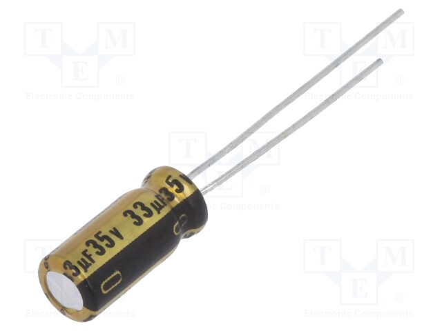 Capacitor: electrolytic; THT; 33uF; 35VDC; Ø5x11mm; Pitch: 2mm; ±20%