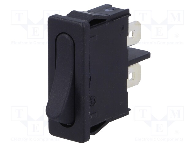 ROCKER; SPST; Pos: 2; OFF-ON; 6A/250VAC; black; IP40; none; 100mΩ