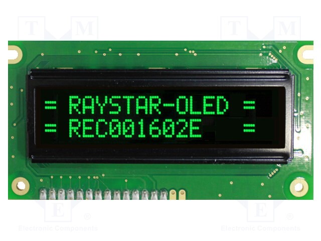 Display: OLED; alphanumeric; 16x2; Dim: 84x44x10mm; green; PIN: 16