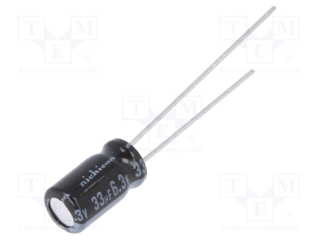 Capacitor: electrolytic; THT; 33uF; 6.3VDC; Ø5x9mm; Pitch: 2mm; ±20%