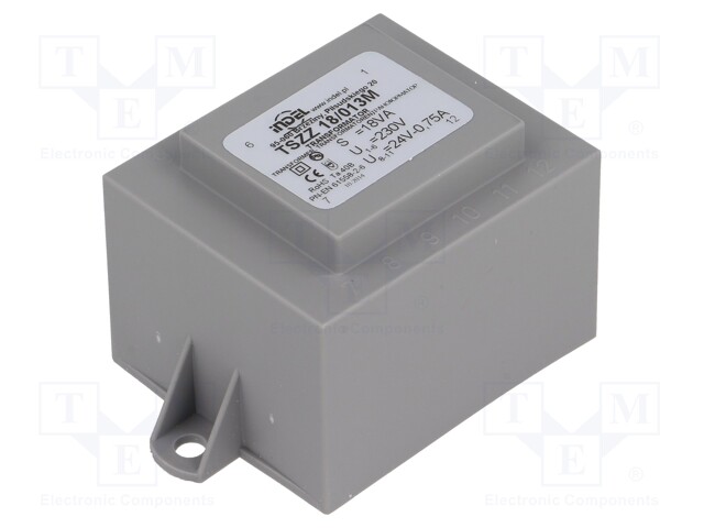 Transformer: encapsulated; 18VA; 230VAC; 24V; 0.75A; Mounting: PCB