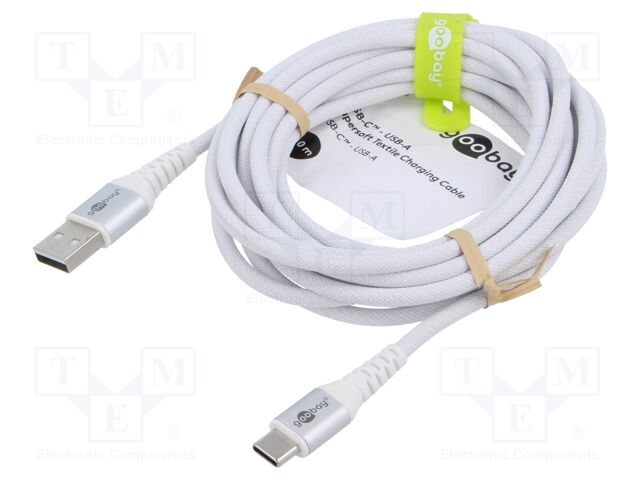 Cable; USB 2.0; USB A plug,USB C plug; 3m; white; 0.48Gbps; 60W; 3A