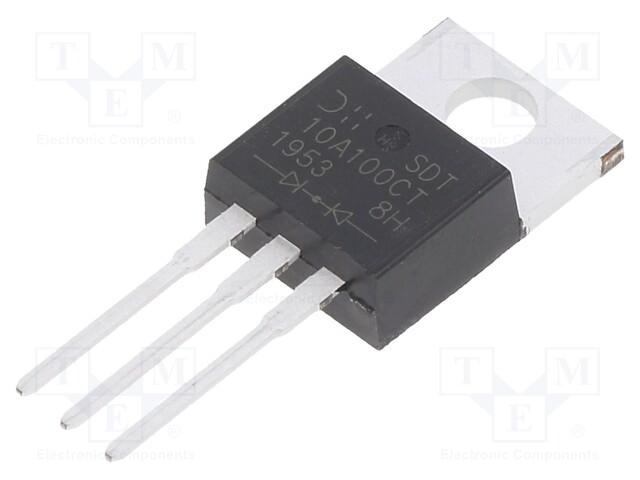 Schottky Rectifier, 100 V, 10 A, Dual Common Cathode, TO-220AB, 3 Pins, 660 mV