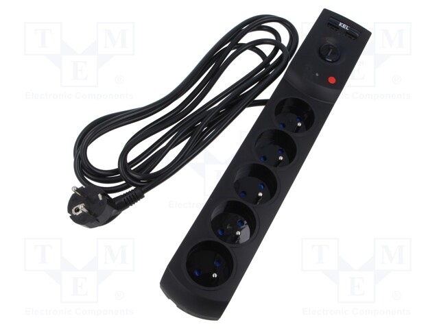 Plug socket strip: protective; Sockets: 5; 230VAC; 10A; black; 3m