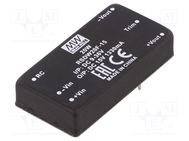 Converter: DC/DC; 20W; Uin: 9÷36V; 15VDC; Iout: 1330mA; 2"x1",DIP