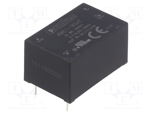 Converter: AC/DC; 1W; Uout: 9VDC; Iout: 0.111A; 72%; Mounting: PCB