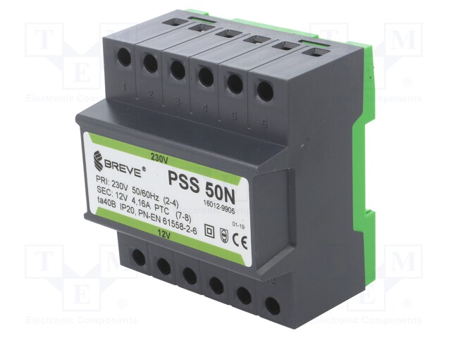 Transformer: safety; 50VA; 230VAC; 12V; IP30; Mounting: DIN; 1.1kg