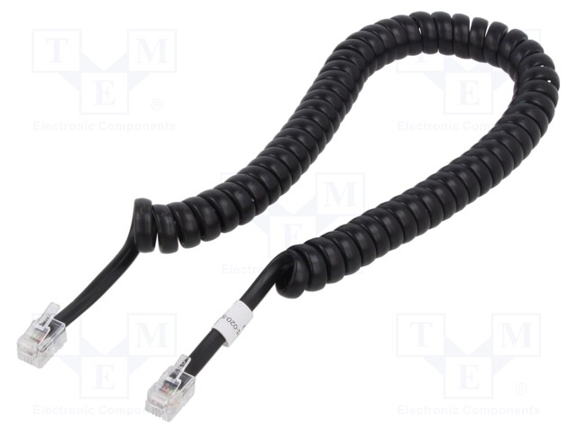 Cable: telephone; coiled; RJ10 plug,both sides; black; 4m