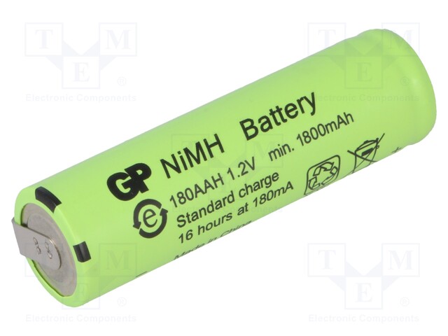 Re-battery: Ni-MH; AA; 1.2V; 1800mAh; Leads: soldering lugs; 180mA
