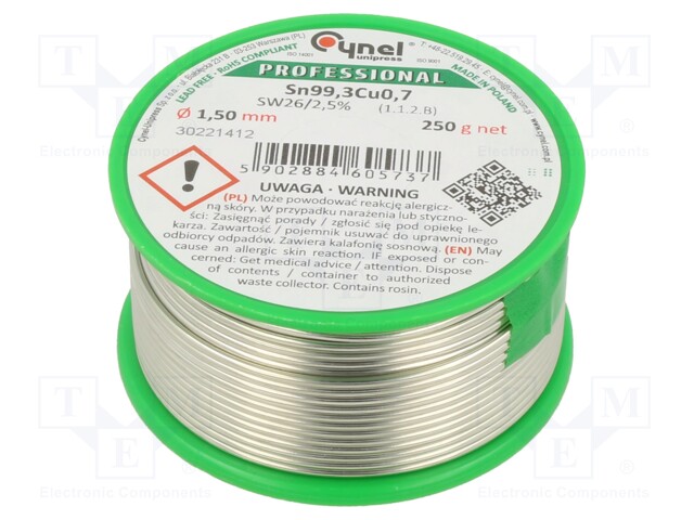 Soldering wire; Sn99,3Cu0,7; 1.5mm; 250g; lead free; Package: reel