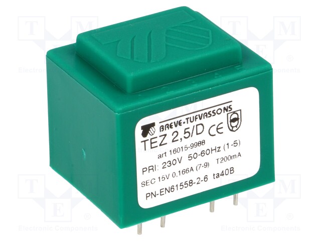 Transformer: encapsulated; 2.5VA; 230VAC; 15V; 166.6mA; IP00; 100g