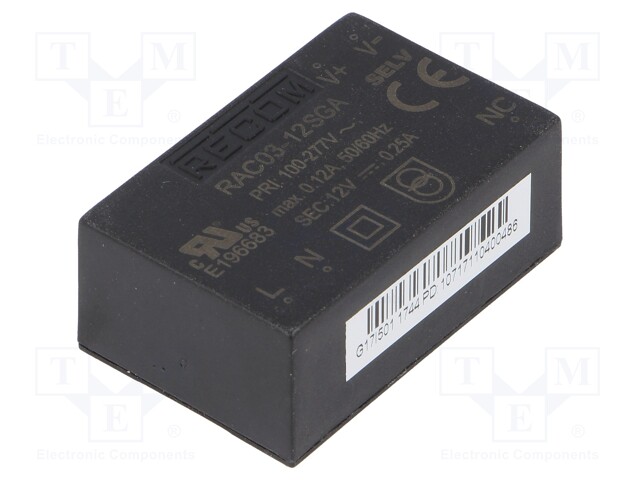 Converter: AC/DC; 3W; Uout: 12VDC; Iout: 250mA; 78%; Mounting: PCB