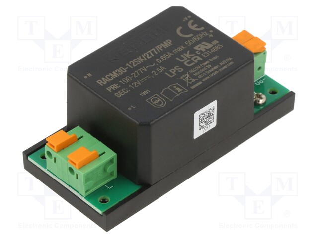 Power supply: switched-mode; 30W; 12VDC; 2.5A; 84.7x40x33mm; 122g