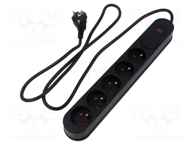 Plug socket strip: protective; Sockets: 5; 230VAC; 10A; black; 1.5m