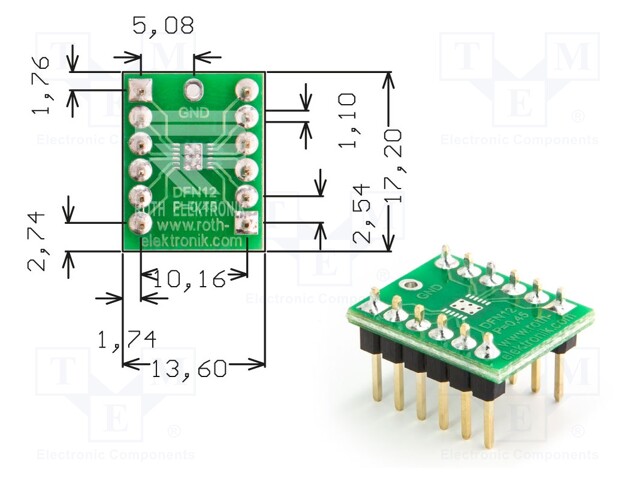 IC Adapter, PCB, 12-DFN, 10.16 mm Row Pitch, 2.54 mm Spacing