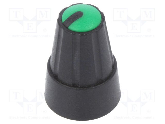 Knob; miniature; plastic; Shaft d: 6mm; Ø13x19mm; black; green