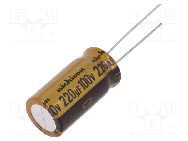 Capacitor: electrolytic; THT; 220uF; 100VDC; Ø12.5x25mm; Pitch: 5mm