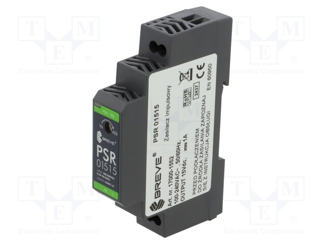 Power supply: switched-mode; for DIN rail; 15W; 15VDC; 1A; IP20