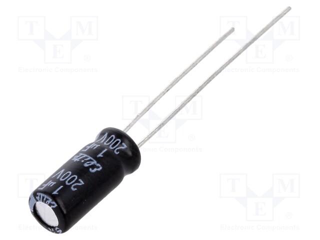 Capacitor: electrolytic; THT; 1uF; 200VDC; Ø5x11mm; Pitch: 2mm; ±20%