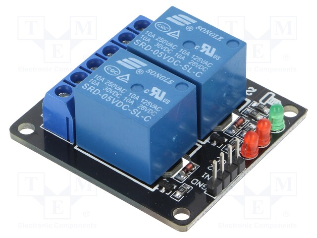 Module: relay; Channels: 2; 5VDC; max.250VAC; 10A; 45x42x19.3mm