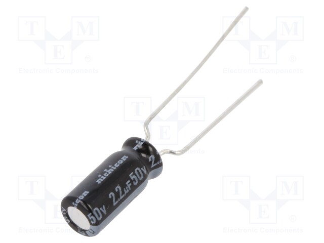 Capacitor: electrolytic; THT; 2.2uF; 50VDC; Ø5x11mm; Pitch: 2mm