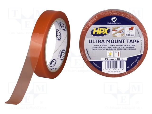 Tape: fixing; W: 19mm; L: 10m; D: 0.2mm; V: double-sided; transparent