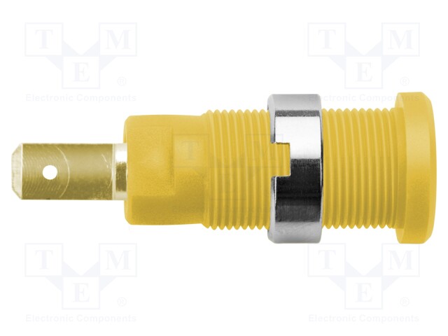 Socket; 2mm banana; 10A; yellow; Mounting: on panel; 3mΩ; -25÷75°C