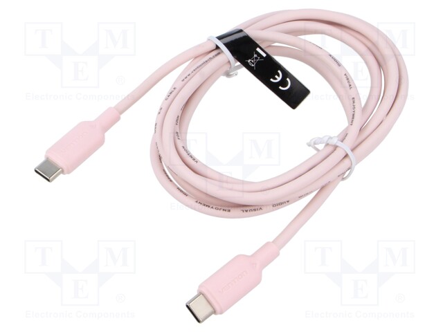 Cable; USB C plug,both sides; nickel plated; 2m; pink; 60W; 3A