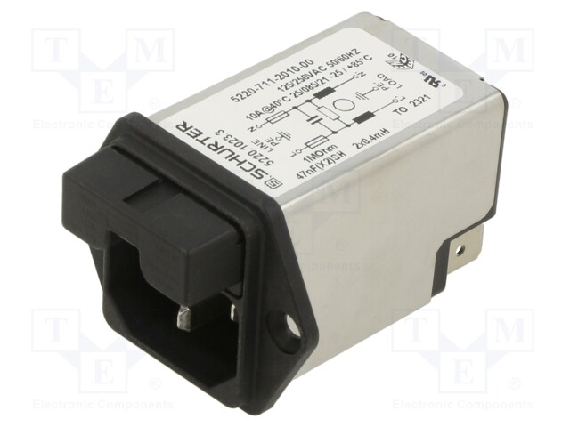 Filtered IEC Power Entry Module, IEC C14, Medical, 10 A, 250 VAC, 2-Pole Fuse Holder