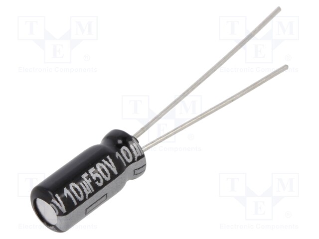 Capacitor: electrolytic; THT; 10uF; 50VDC; Ø5x11mm; Pitch: 2mm; ±20%