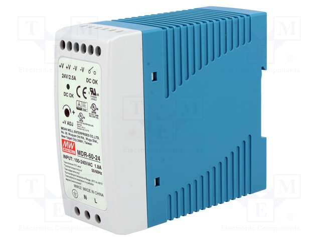 Power supply: switched-mode; 60W; 24VDC; 24÷30VDC; 2.5A; 85÷264VAC