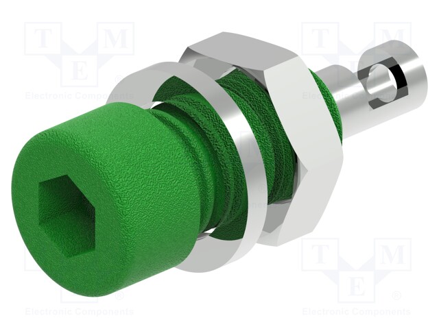 Socket; 2mm banana; 10A; 33VAC; 70VDC; green; on panel,screw