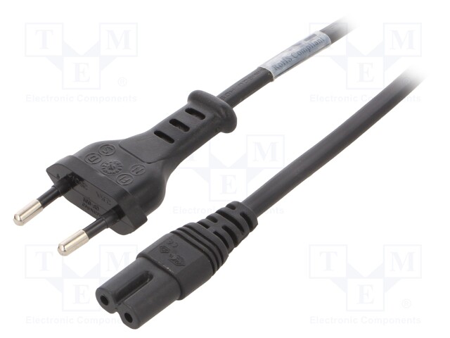 Cable; CEE 7/16 (C) plug,IEC C7 female; 2m; black; PVC; 2x0,75mm2